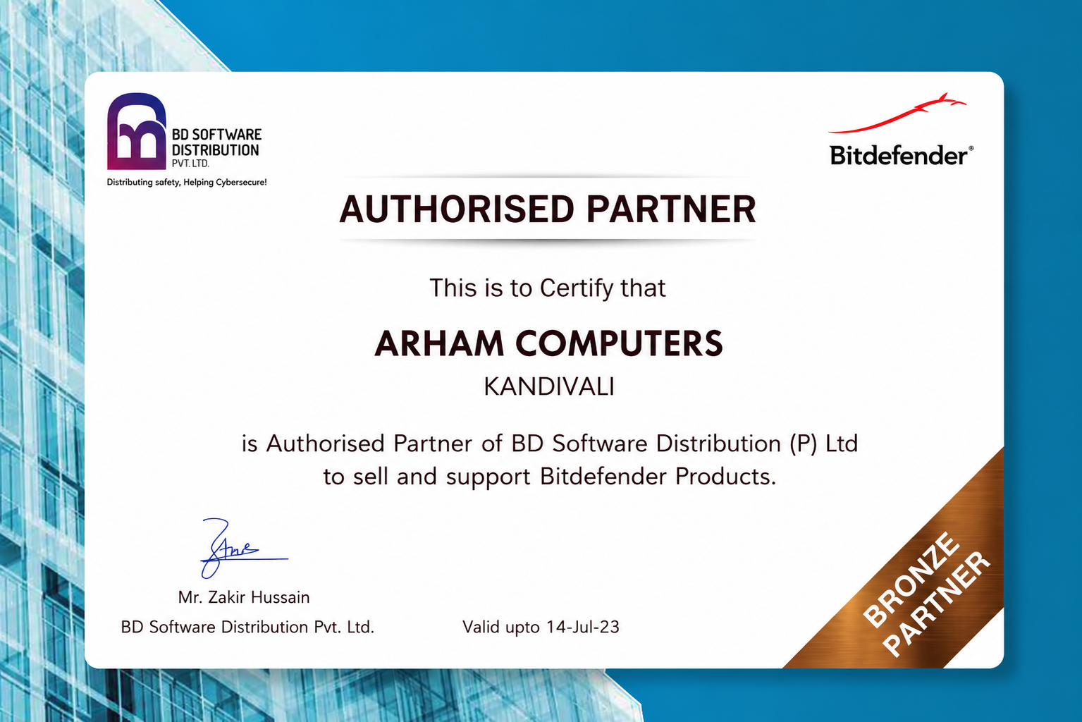 Arham Computers Bitdefender Authorised Partner Certificate