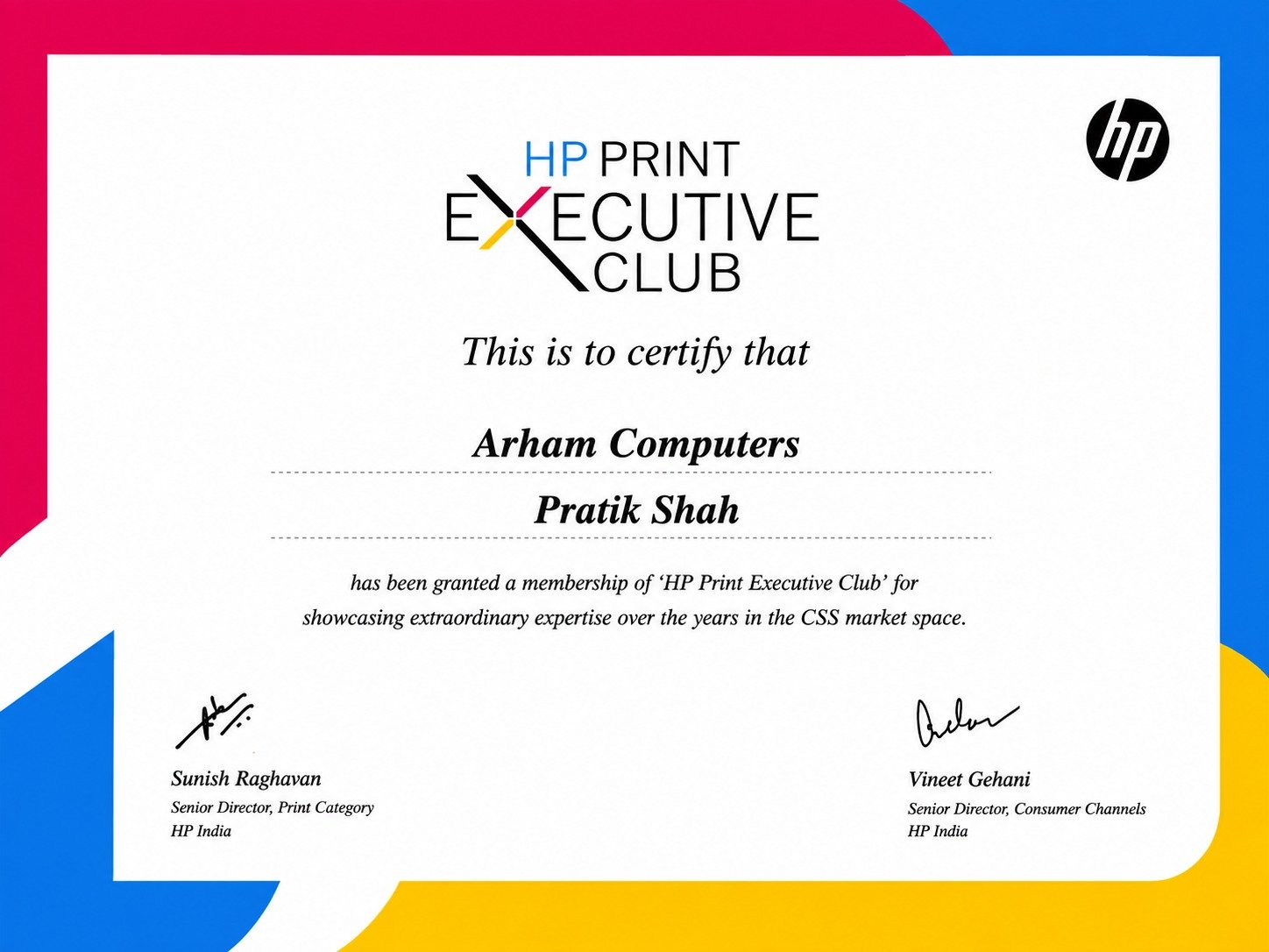 Arham Computers HP Print Executive Club Certificate